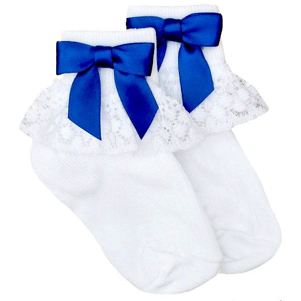 Girls White Lace Socks With Royal Blue Satin Bows 